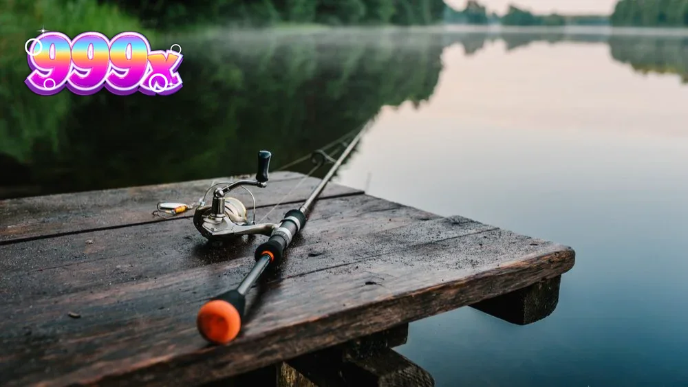 Isang makulay na digital na representasyon ng isang fishing-themed slot game na may mga simbolo ng isda at kagamitan.